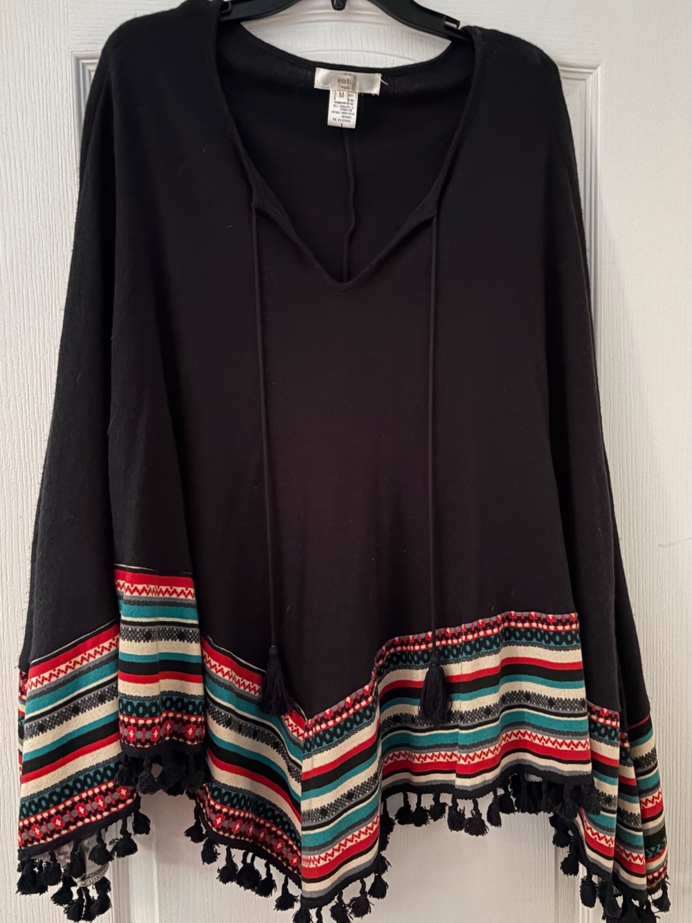 Boho Tassel-Hem Very Over-Sized Navy Women's Poncho with Multicolor Stripe Trim